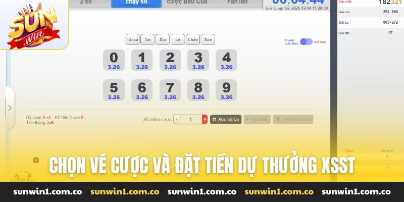 Chọn vé cược và đặt tiền dự thưởng XSST